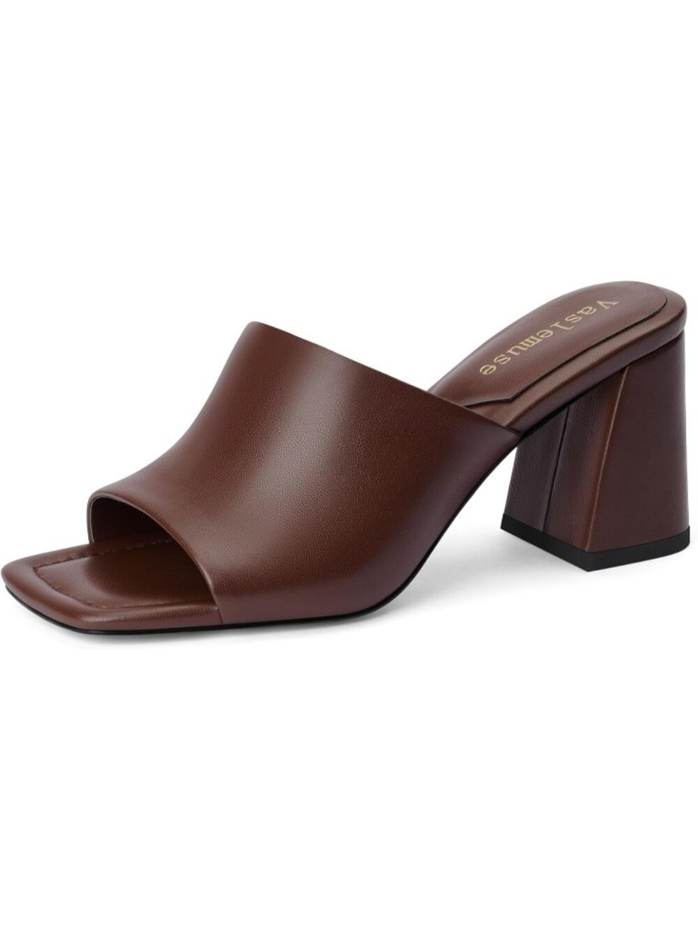 Women's Brown Chunky Block Heeled Sandals Square Open Toe Comfort Slide Shoes